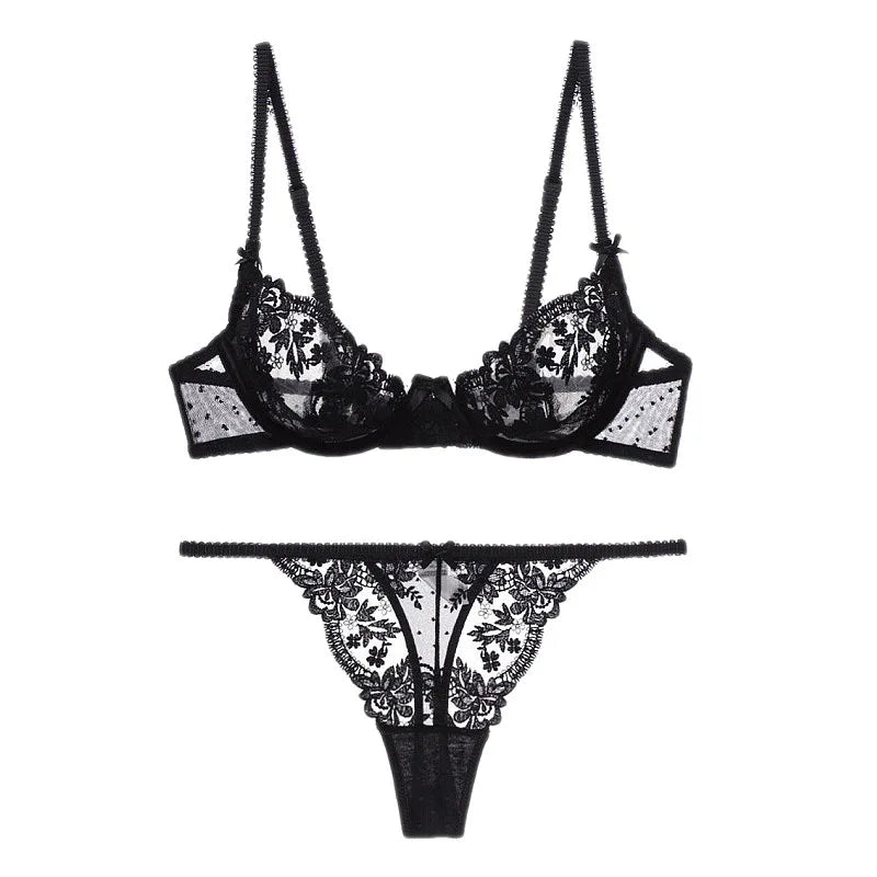MOYISU Parisian Sheer Bralette Set - Ultra-Thin Wire-Free Bra No Padding Anti-Sag Lace Cutout Lingerie Sexy Vacation-Ready Tushy