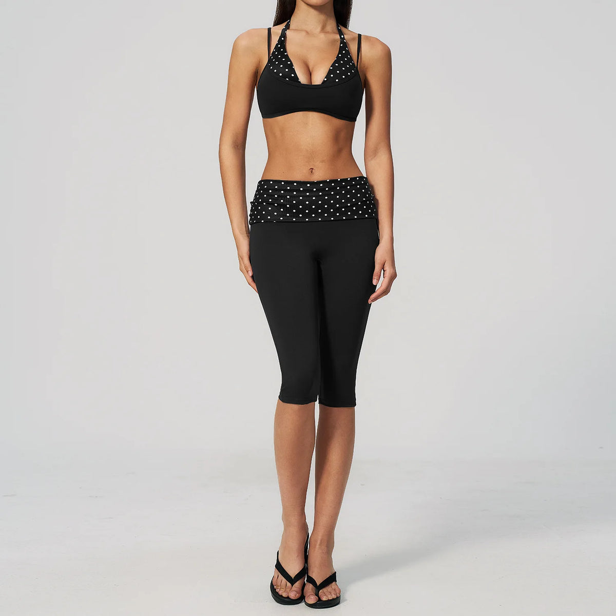 Summer Polka Dot Yoga Sets Women Hanging Neck Shockproof Sports Bra Fitness Suit Folding High Waist Mid Pants Gym Tracksuit