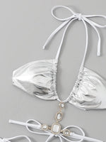 Halter Rhinestone Diamond Bikini Women Micro Thong Swimwear Female Swimsuit Two Pieces Bikini Set Satin Bathing Suit Swim Lady