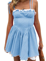 Summer Plaid Mini Cami Dress for Women Fashion Slim Ruffle Trim Tie-up Spaghetti Strap A-line Dresses for Daily Party