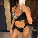 Sexy Mid Waist Splicing Leopard Bikini Female Swimsuit Women Swimwear Two-Pieces Bikini Set Bather Bathing Suit Swim Lady V2148