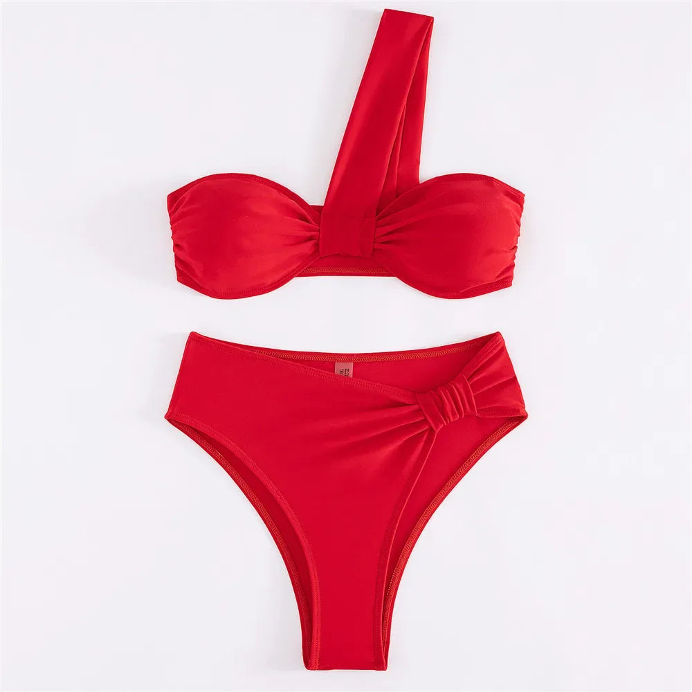 Brown One Shoulder Bikini High Waist Sexy Swimsuit Women 2026 Solid Swimwears Bathing Suit Bandeau Bikinis Sets De Mujer Biquini