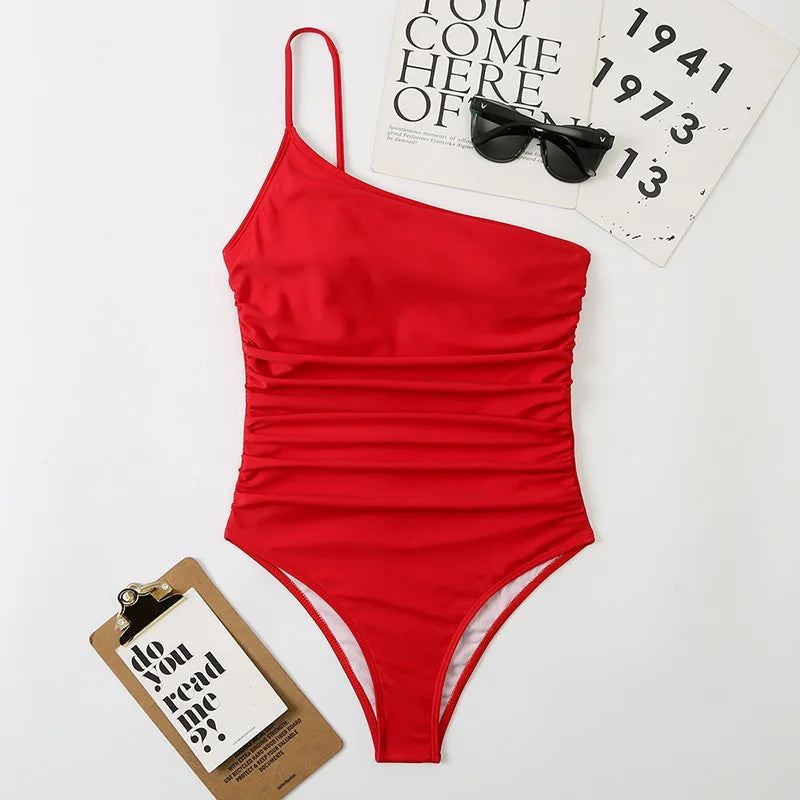 2026 Sexy One Shoulder One Piece Swimsuit 2022 Women Solid Black Neon Green Push Up Padded Bathing Suit Pleate Swimwear Monokini
