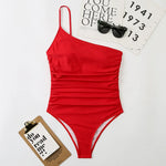 2026 Sexy One Shoulder One Piece Swimsuit 2022 Women Solid Black Neon Green Push Up Padded Bathing Suit Pleate Swimwear Monokini