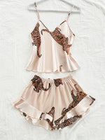 Summer 2-pieces Pink Leopard Printed Pajamas Set for Women Sexy Ice Silk Stain Sleepwear Casual Crop Tops and Shorts Lounge