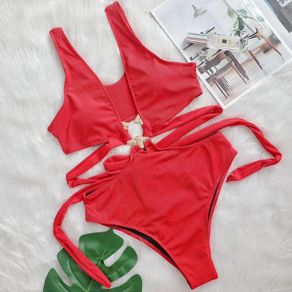 4 Colors New Sexy One Piece Swimsuit Swimwear Women Deep V-neck Hollow High Waist One-piece Bathing Suit Beachwear Metal Hoop