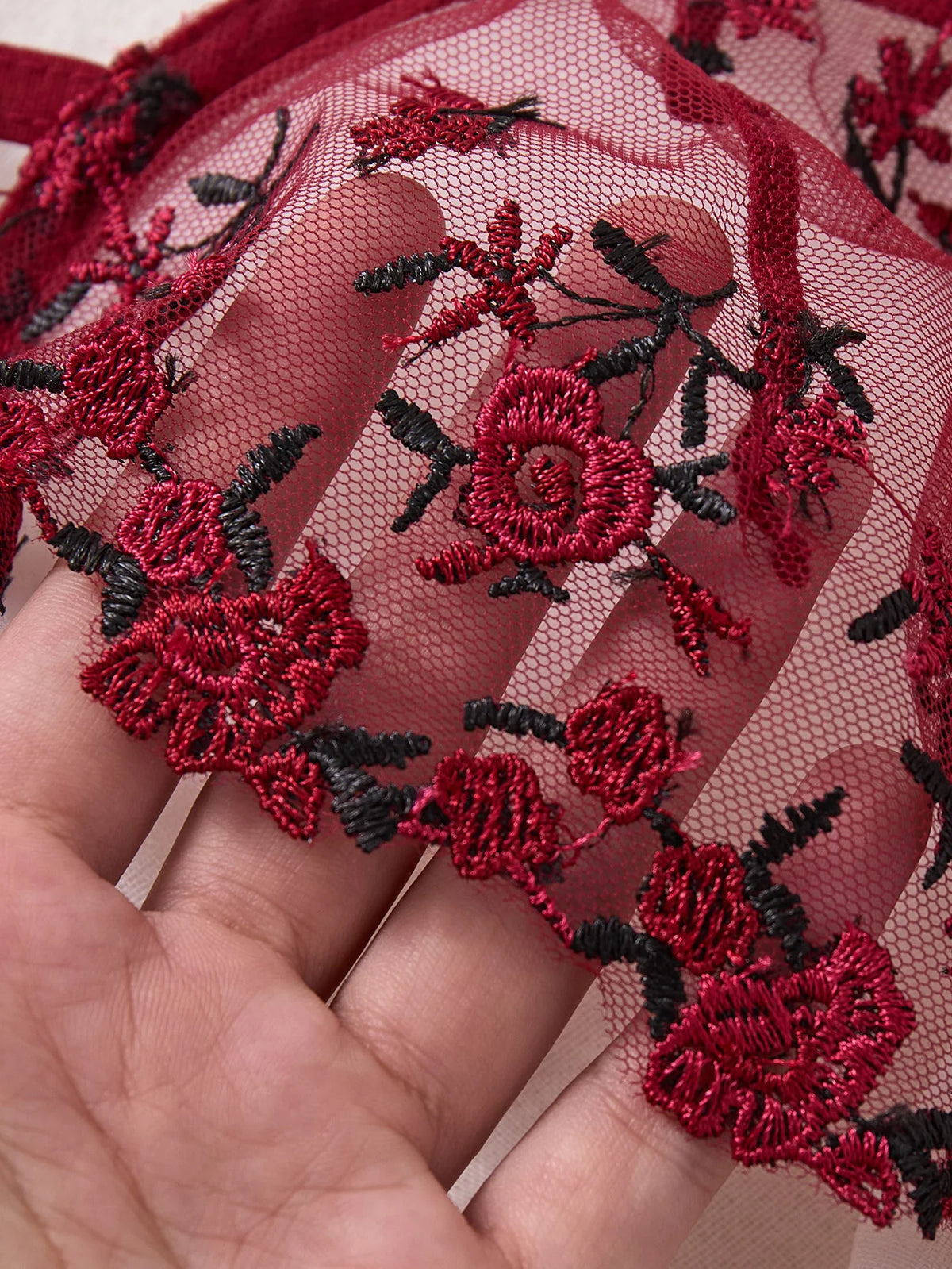 Romantic wine red rose embroidery lingerie set - see-through netting bra - casual erotic women's lingerie ZA824026