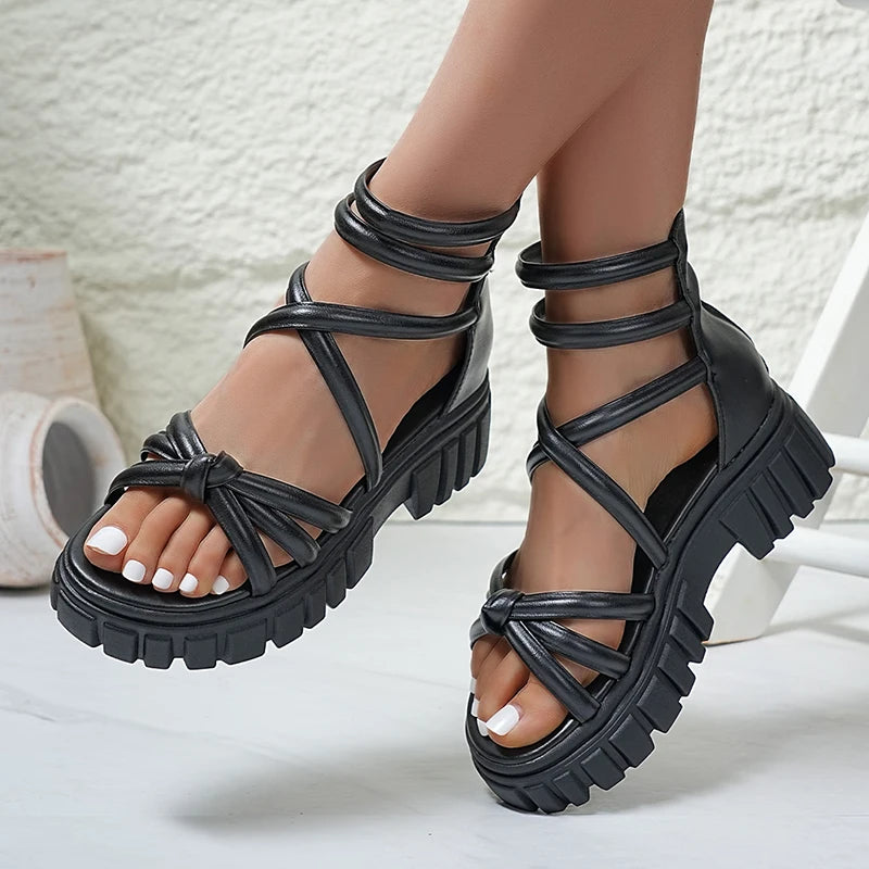 Black Pu Leather Platform Gladiator Sandals Women Summer Plus Size 43 Chunky Heels Sandles Woman 2026 Back Zipper Rome Sandalias