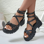 Black Pu Leather Platform Gladiator Sandals Women Summer Plus Size 43 Chunky Heels Sandles Woman 2026 Back Zipper Rome Sandalias