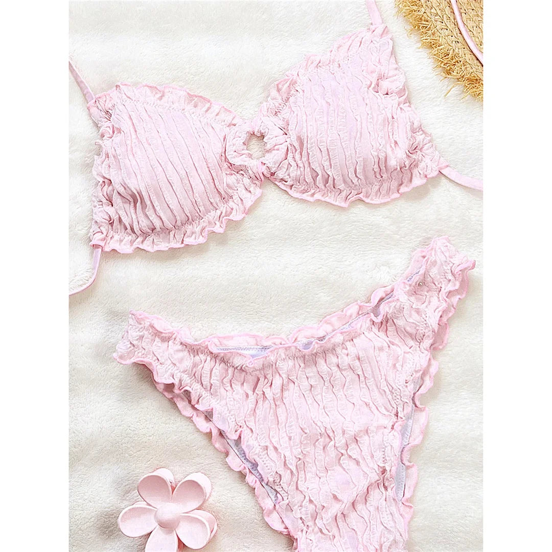 Wrinkled Crinkled Frilled Bikini Female Swimsuit Women Swimwear Two-pieces Bikini set Brazilian Bather Bathing Suit Swim V8053