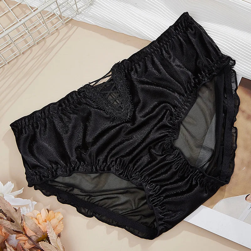 1 Pcs Sexy Hollow Lace Mesh Panties Women Summer Breathable Underwear High Waist Briefs Seamless Comfort Silk Fabric Underpants