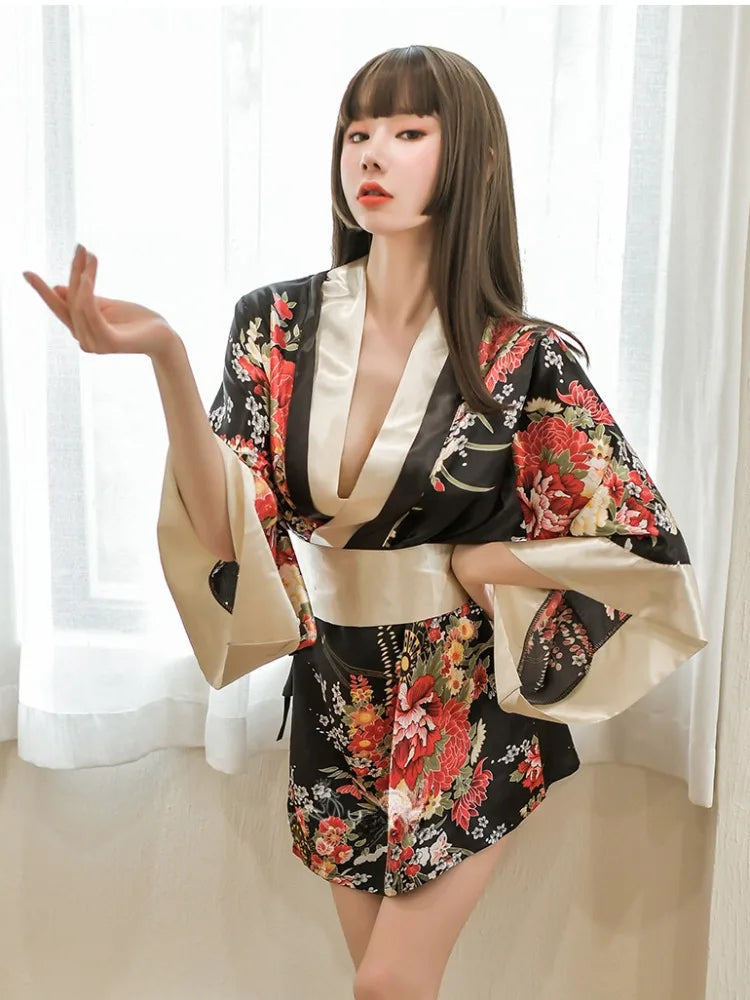 Sexy Lingerie Japanese Kimono Seductive Topless Print Women's Pajama Set Uniform Temptation Sleepwear Traditional Dress Robe