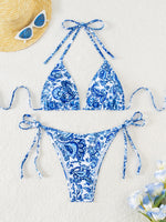 Blue Floral Print 2 Piece Micro Bikini Set for Women 2025 New Push Up Bra Thong Swimsuit Beach Bathing Suit Holiday Swimwear