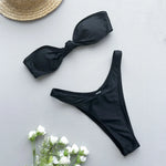 Sexy Front Tie Bow Bikini Set Women Black Bandeau Push Up Bra Micro Swimsuit 2024 Beach Bathing Suit Thong Swimwear Biquini
