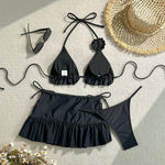 Sexy Ruffles Cover Up 3 Piece Bikinis Sets Women Black White 3D Floral Push Up Bra Thong Swimsuit Bathing Suit Swimwear 2026