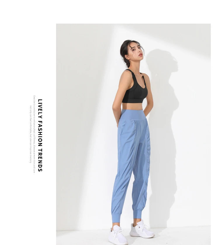 Hearuisavy Yoga Pants Loose Slim Quick-Dry Yoga Pants Pleated Hem Bound Running Fitness Capris Pockets Jogging Pants Woman