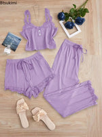 Ladies Autumn and Winter Three-Piece Pajamas Set Including Vest Shorts and Long Pants, Lace Camisole sexy Home Pajamas Set