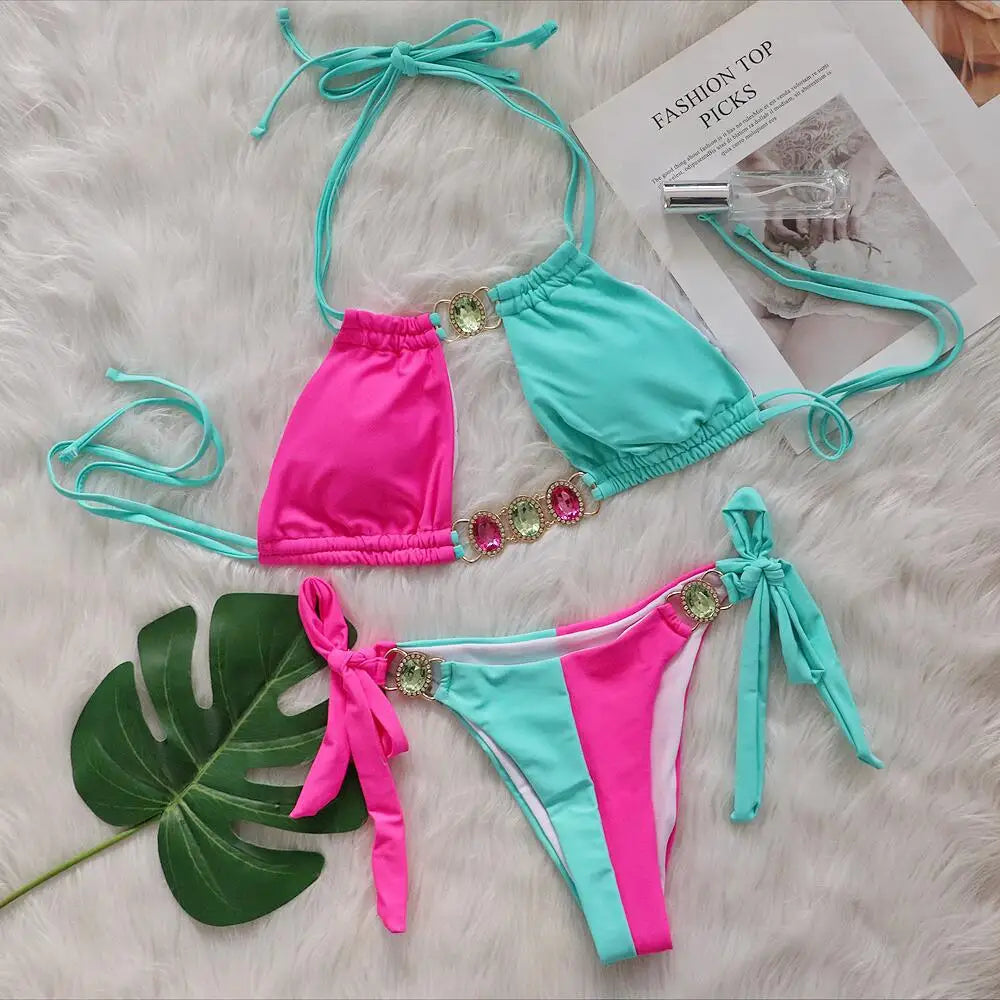 Splicing Jewelled Diamond Bikini Women Halter Swimsuit female Thong Swimwear Two Pieces Bikini Set Hollow out Bathing Suit Swim