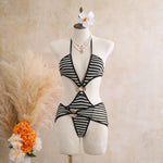 Sexy Black Stripe Knitted One Piece Swimwear Skirts Sets 2026 Women Metal Circle Hollow Out Backless Bathing Suit Thong Swimsuit