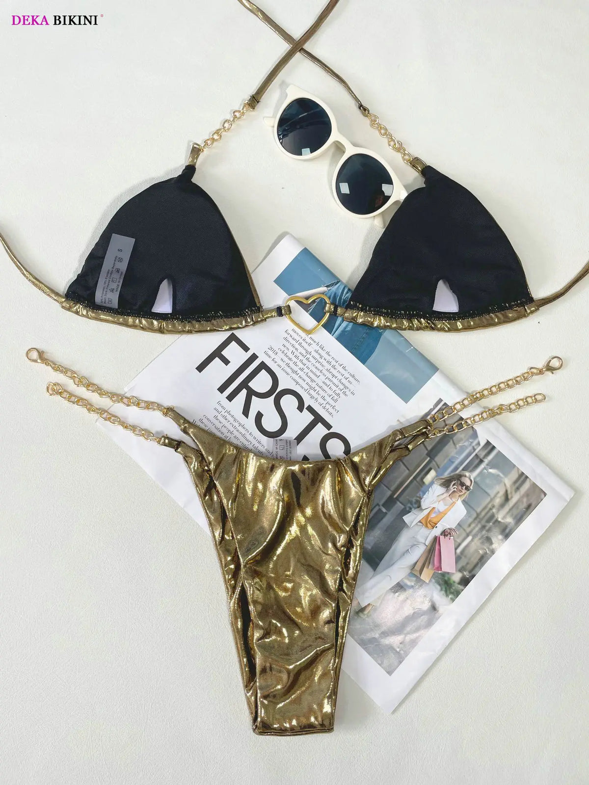 DEKA Gold Chain Bikini Set Women Shiny Golden Halter Lace Up Pleated Swimsuits Thong Swimwear Bathing Suit Beach Wear Biquini