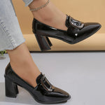 Black Pu Leather Heel Pumps Women 2025 Retro Metal Decoration Slip On Pumps Woman Square Toe Non Slip High Heels Shoes Ladies