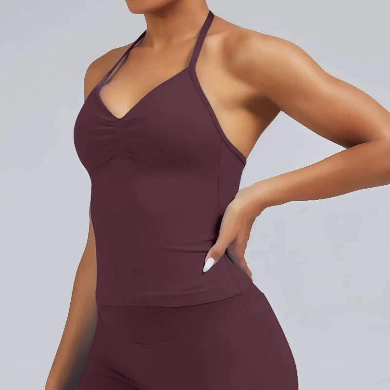 HISTELLO GYM Longline Strappy Top Women Seamless Yoga Clothing With Removable Pads V Neck Open Back Bra Workout Sports Halter