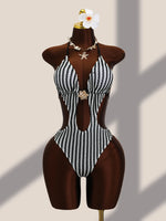 Vintage Black Striped One Piece Swimwear Women 2026 3D Metal Flower Hollow Out Backless Beach Holiday Bathing Suit Swimsuit