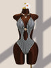 Vintage Black Striped One Piece Swimwear Women 2026 3D Metal Flower Hollow Out Backless Beach Holiday Bathing Suit Swimsuit