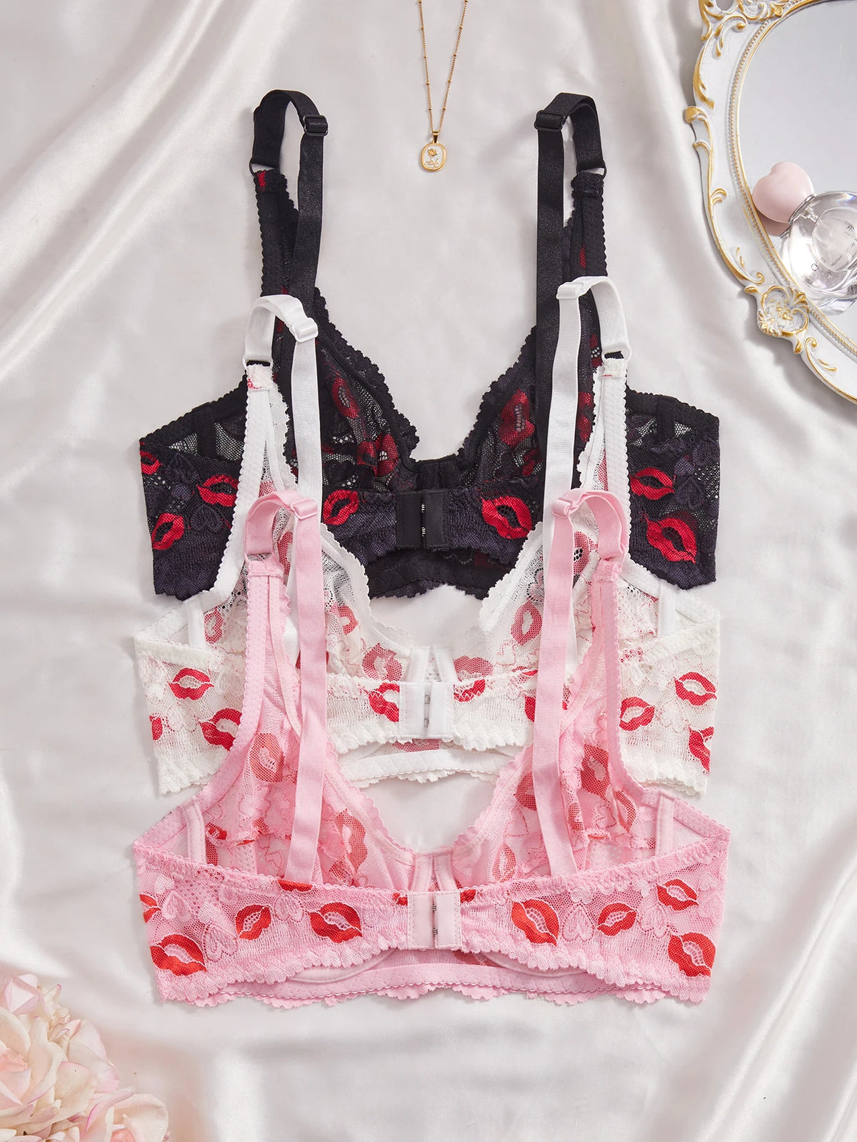 3Pcs/Set Sexy Lip Print Women's Underwear Set Hollow-out Lace Unlined Bra Underwire Push Up Bra Sexy Lingerie Set XS-XL