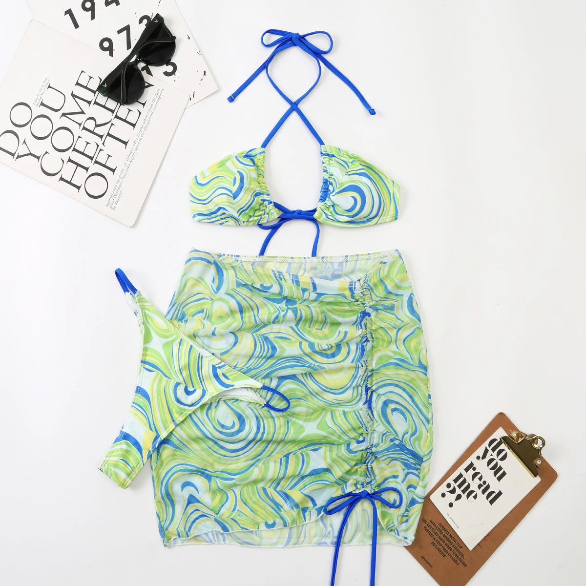 3 Pieces Bikini Set With SkirtTie Dye String Thong Bathing Suit Women Swimsuit FemaleSwimwear Beach Wear Swim Lady Summer