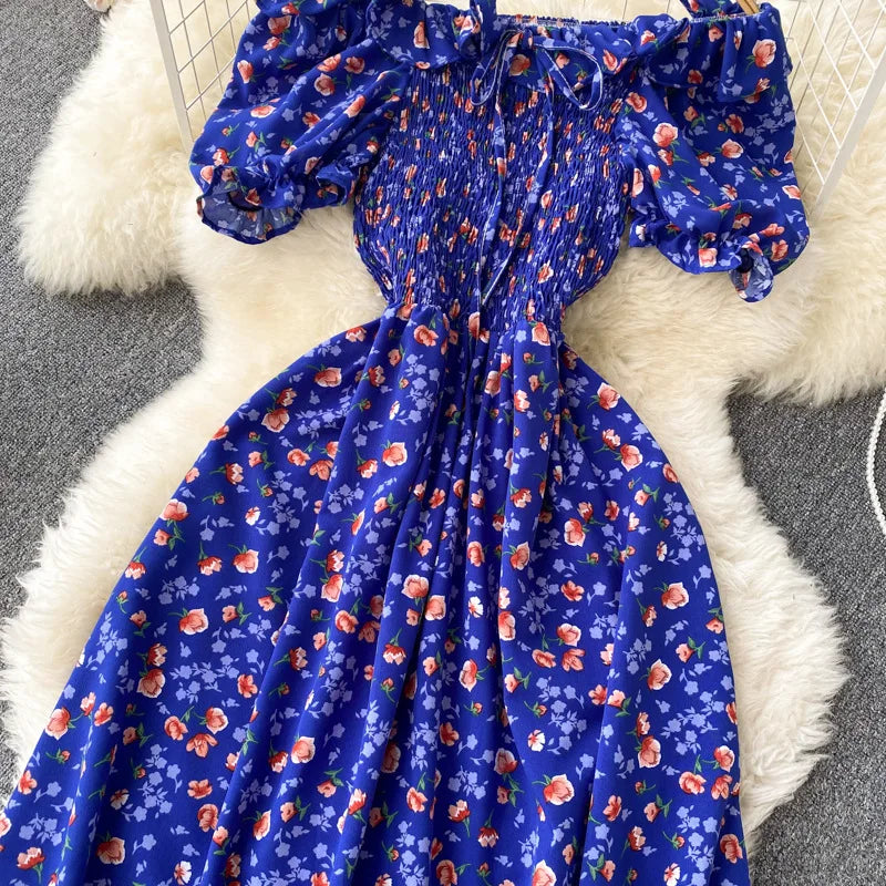 2025 Summer French Vintage Floral Dress Fashion Elegant High-Waisted Drawstring Vestidos Printed Fresh And Sweet Long Dresses