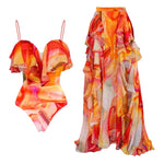 Vintage Orange Gradient Swimwear Women Ruffles Pleate Skirt Sets 2026 Bandeau Push Up Padded Slim Holiday One Piece Swimsuit
