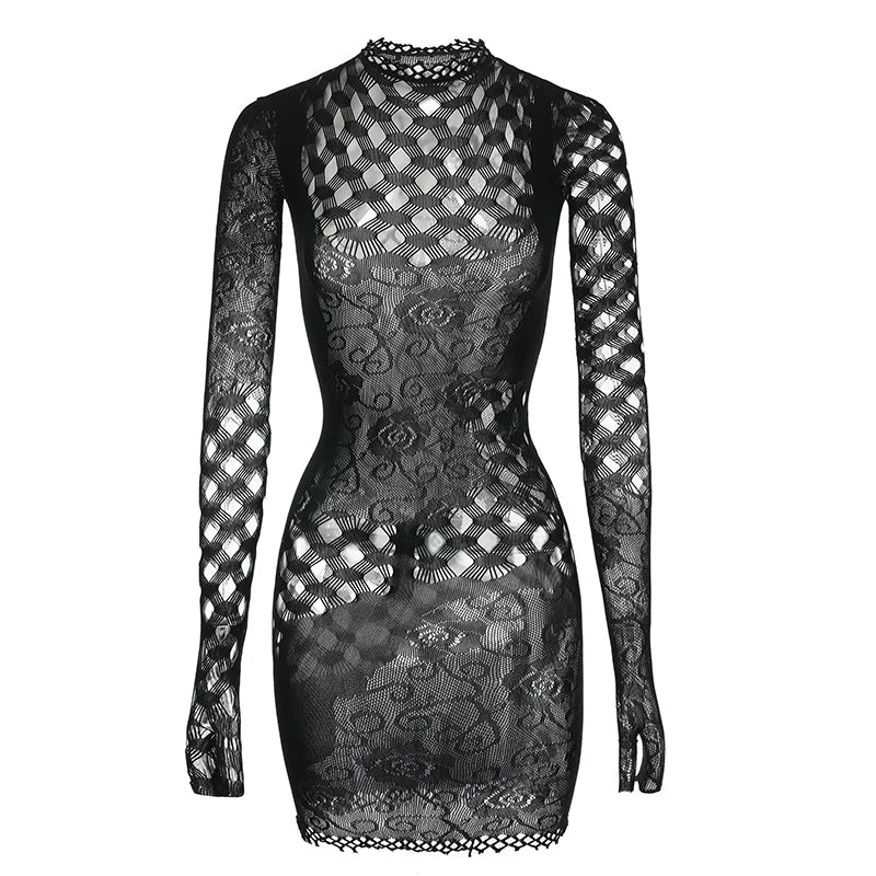 Women Sheer Mesh Long Sleeve Beach Cover Up, Sexy See-Through Fishnet Dress, Solid BodyconFor Summer Beach Party