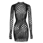 Women Sheer Mesh Long Sleeve Beach Cover Up, Sexy See-Through Fishnet Dress, Solid BodyconFor Summer Beach Party