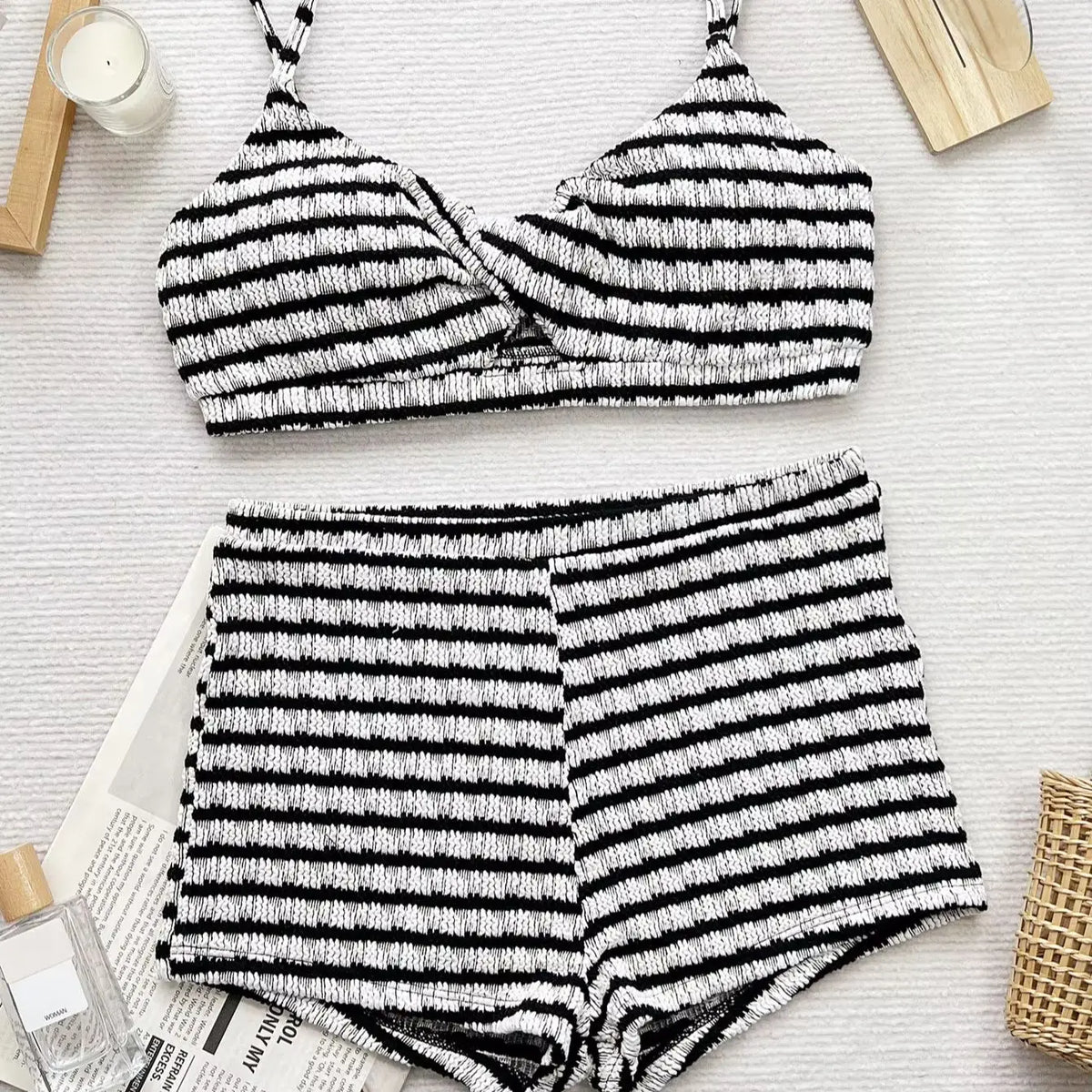 DEKA Women Sexy Black White Striped Bikinis Set Two Pieces Back Tie High Waist Swimsuit Female Bathing Suit Swimwear Biquini