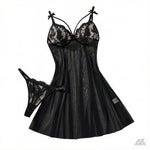 Black Floral Lace Striped Sheer Mesh Babydoll Lingerie Set Slip Nightdress With Matching Thong Women Sexy Sleepwear ZA825066