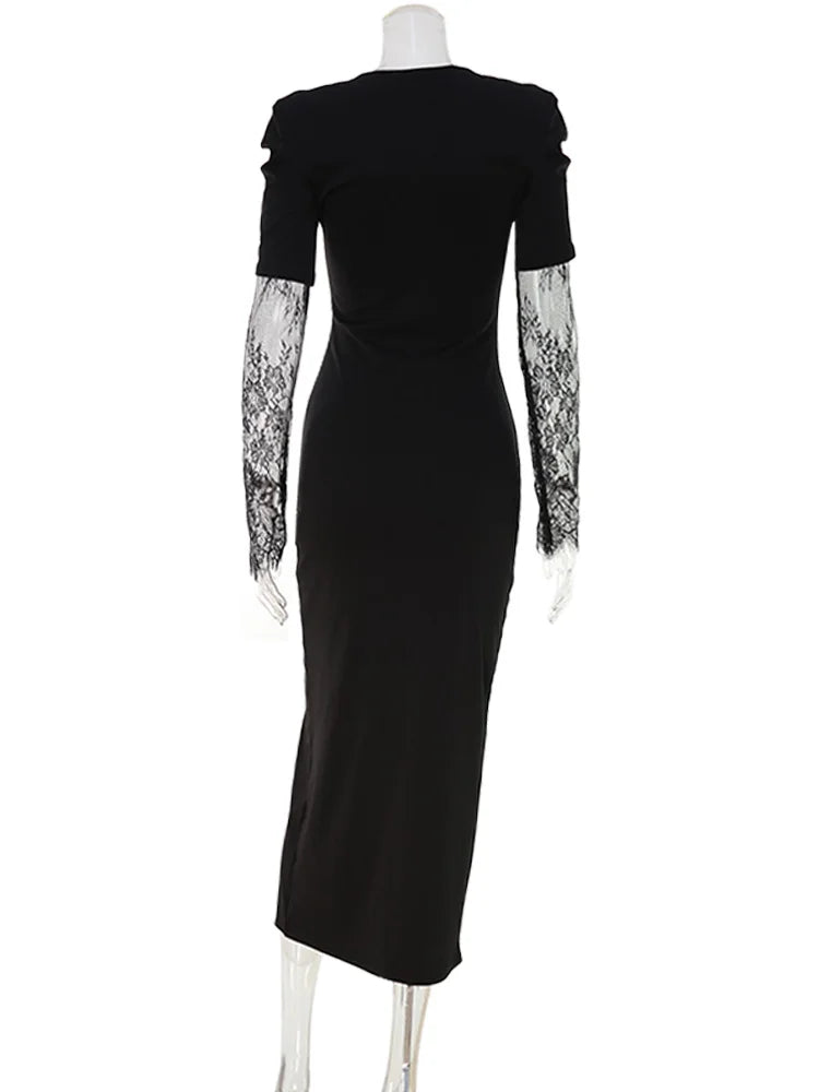 Ahagaga Eelgant Lace Women's Dress Patchwork Long Sleeves Autumn Party Slim Fit Sheath Velvet Sexy Split Trend Female Vestidos