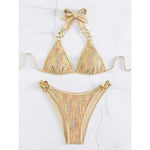 S - XL Halter Shiny Sequin Metal Ring Bikini Women Swimwear Female Swimsuit Two-pieces Bikini Set Bather Bathing Suit Swim V5108
