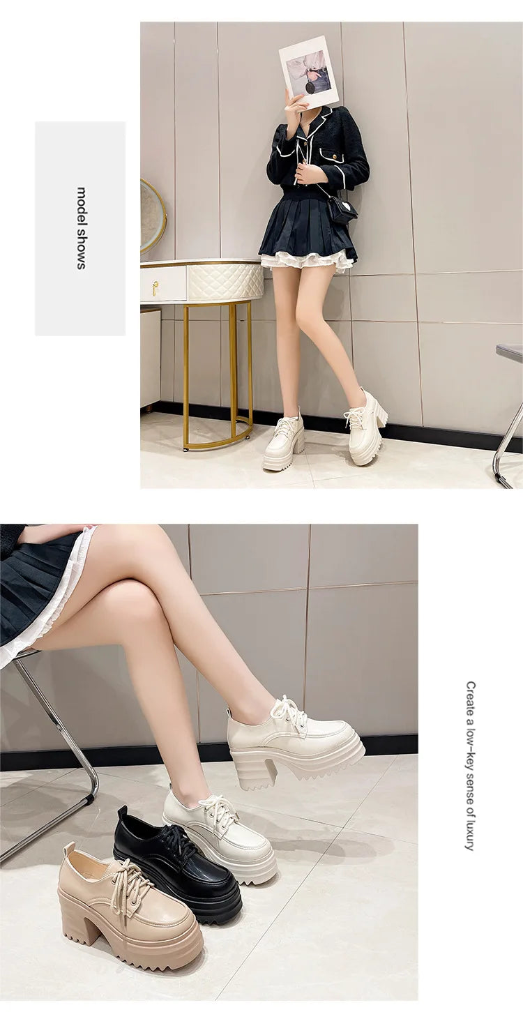 Spring Women Pumps Black Loafers Chunky 10CM High Heels High Platform British Autumn Ladies Thick Bottoms Shoes 2026 New