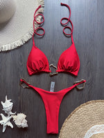 Sparkling Metal Ring Halter Extreme Mini Thong Bikini Female Swimsuit Women Swimwear Two-pieces Bikini Set Bathing Suit Swim