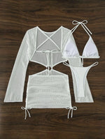 DEKA Women Solid Bikini Set Halter Bra Lace-up Swimsuit Set With Mesh Yarn Cover Up Dress KnittedLong Sleeve Boho Swimwear