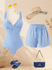 Vintage Blue Striped Swimwear Women Drawstring Shorts Sets 2026 V Neck Cross Slimming Bathing Suit Holiday One Piece Swimsuit