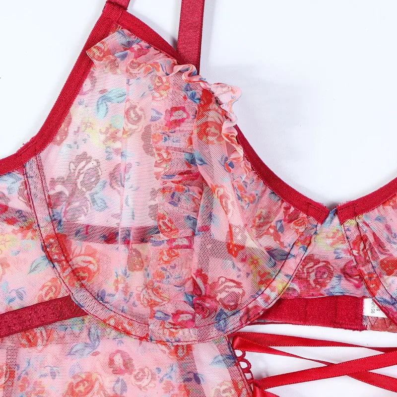 Toucheart Sexy Women Lace Backless InterestingBabydoll Bodysuit Wrap Dress High Waisted Printing Bow KnotBabydoll Bodysuit