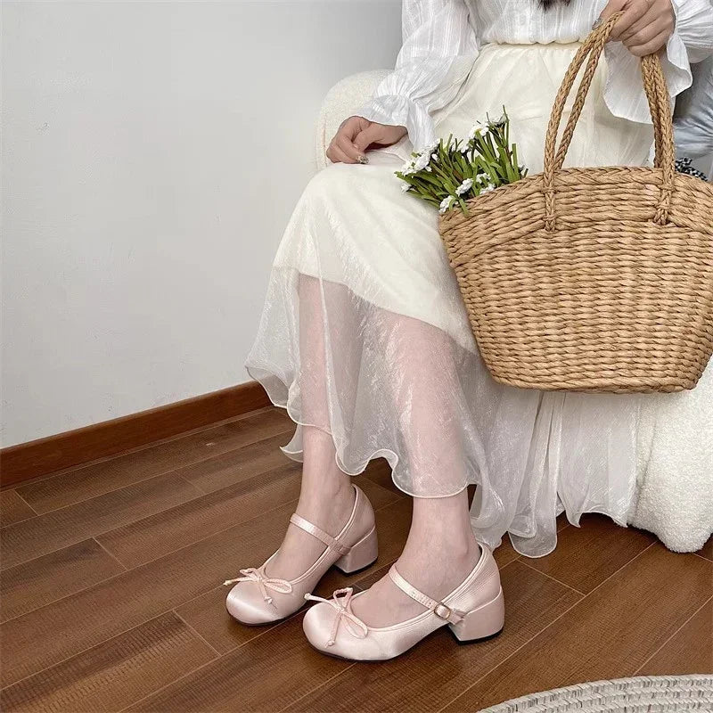 2025 spring cute sweet Bowknot Mary Janes for Womenvintage Silk Med Heelspumps LadiesBanquet Wedding Single Shoes Mujer