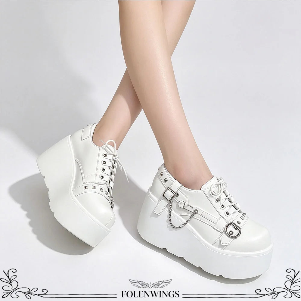 New Arrival Gothic Black Rivets Platform Creepers Shoes White Chain Decor Goth Creepers Chunky Lace Up Lolita Casual Shoes