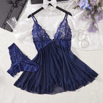 Blue Elegant Pajama Underwear Sets Transparent Lace Patchwork Bra And Panty Set Women Romantic Sleepwear Babydoll Dress Briefs