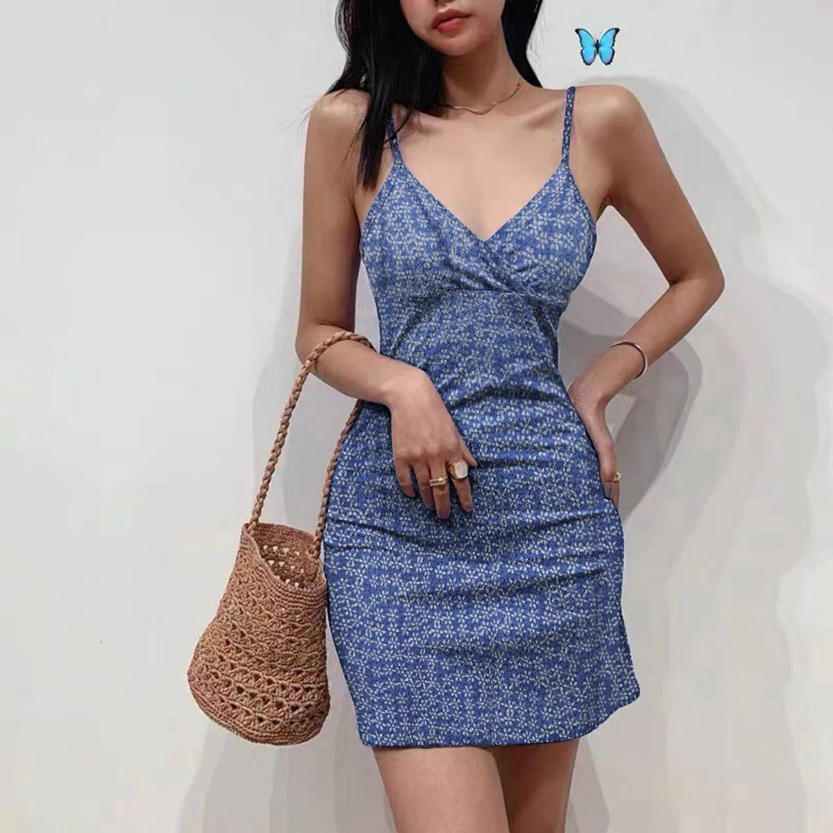Women's Bohemian Floral Print Mini Dress V Neck Spaghetti Strap Wrap Bodycon Short Dress Casual Slim Fit Summer Beach Sundress