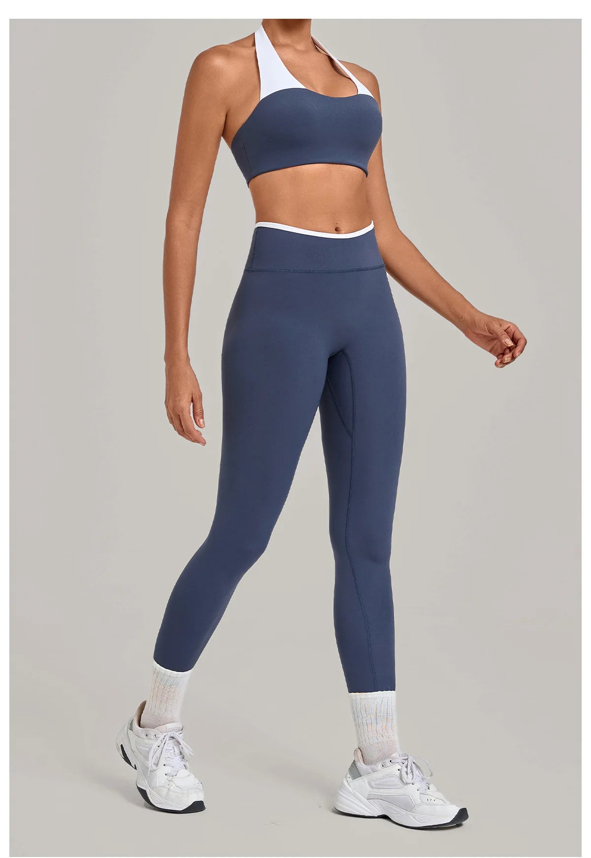 2 Pieces Color-block Yoga Sets WomenHanging Neck Sports Bra High Waist Pants Built-in Pockets Outdoor Fitness Workout Suit