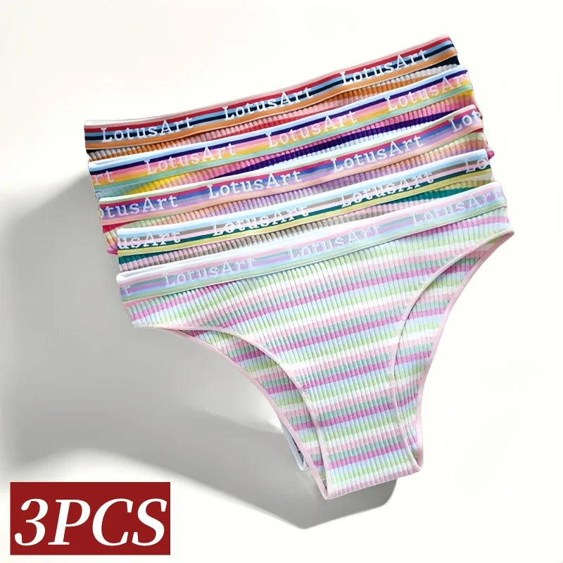 3Pcs/Set Cotton Panties For Women Colorful Striped Underwear Low Waist Briefs Breathable Underpants Female Sexy Lingerie M-XXL