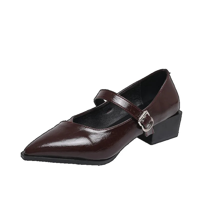 Mid-length Single Shoes Spring and Summer New Fashion Belt Buckle Pointed Toe Comfortable Shallow Toe Leather Shoes